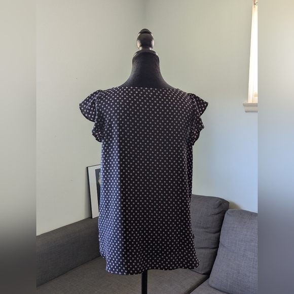 Navy Blue Floral Print Blouse with Ruffle Sleeves - Size M - Picture 3 of 4